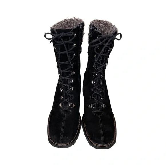 Aquatalia black suede, Lace Up, lug sole booties Moto Combat bouclé lined - Picture 4 of 12
